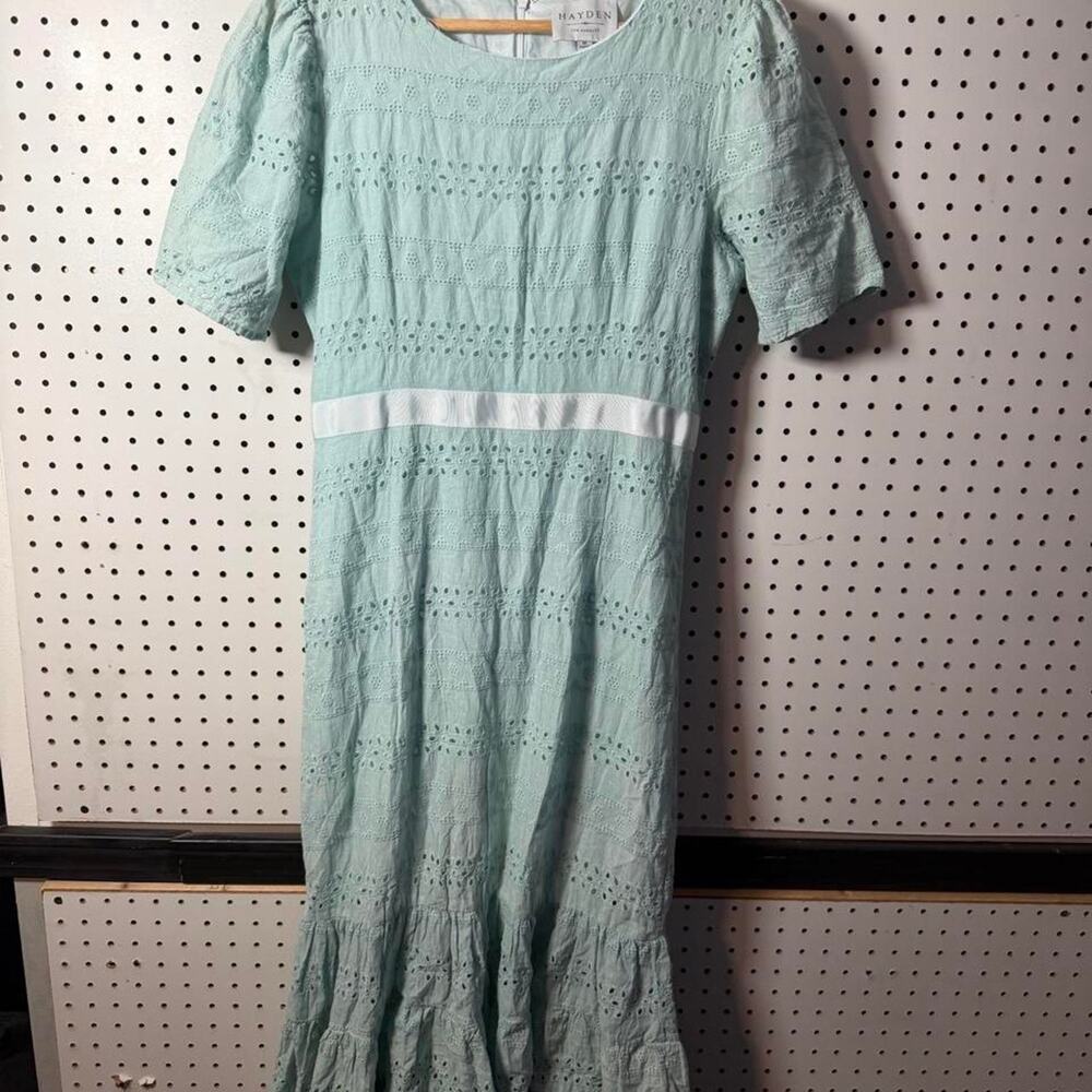 Hayden Los Angeles Mint Green Eyelet Midi Dress with White Band Size M